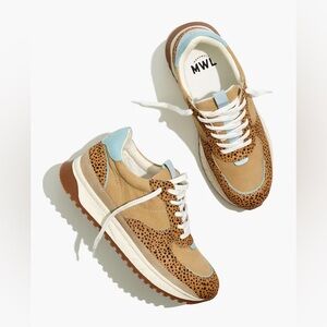 Madewell MWL Women's Tan and Blue Sneakers with Leopard Print Detail